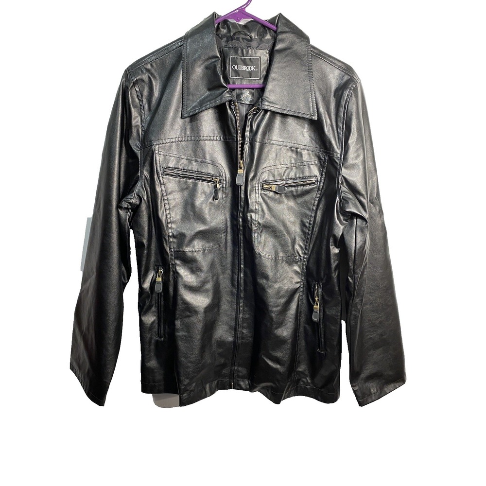 outbrook womens jacket coat size‎ large black fake leather zip up long sleeve